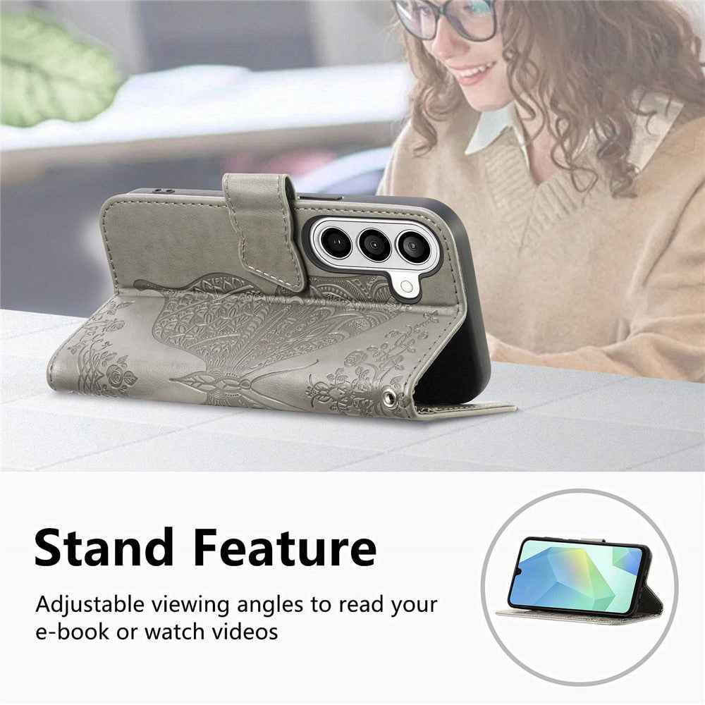 For Samsung Galaxy A57 5G Case with Strap Butterfly Pattern PU Leather Wallet Phone Cover - Grey