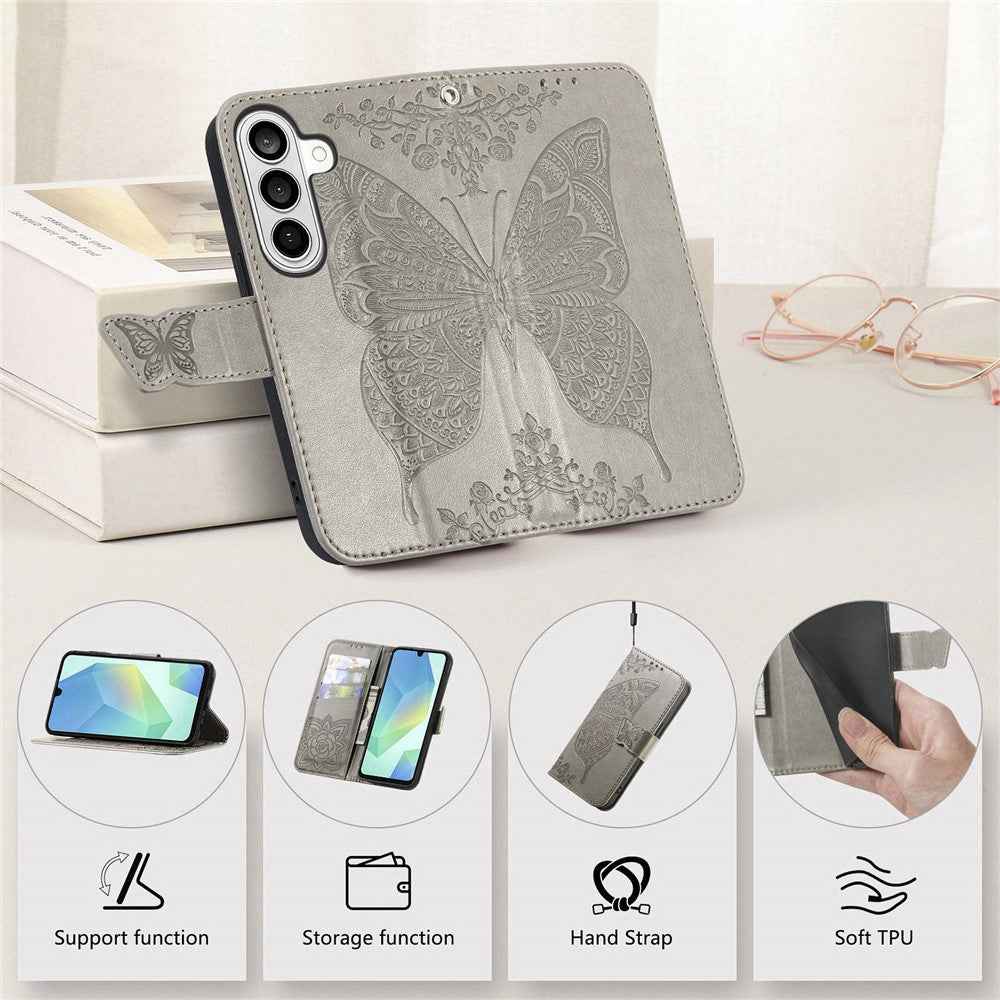 For Samsung Galaxy A57 5G Case with Strap Butterfly Pattern PU Leather Wallet Phone Cover - Grey