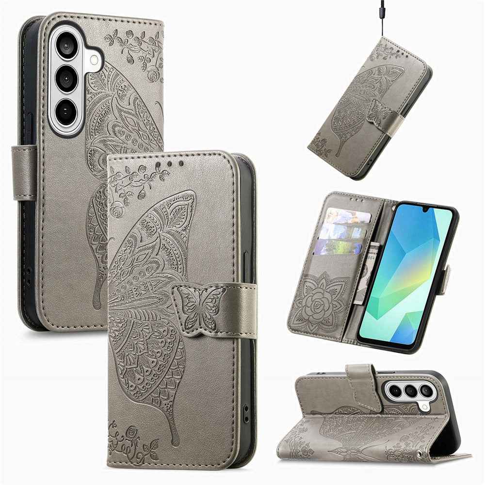 For Samsung Galaxy A57 5G Case with Strap Butterfly Pattern PU Leather Wallet Phone Cover - Grey