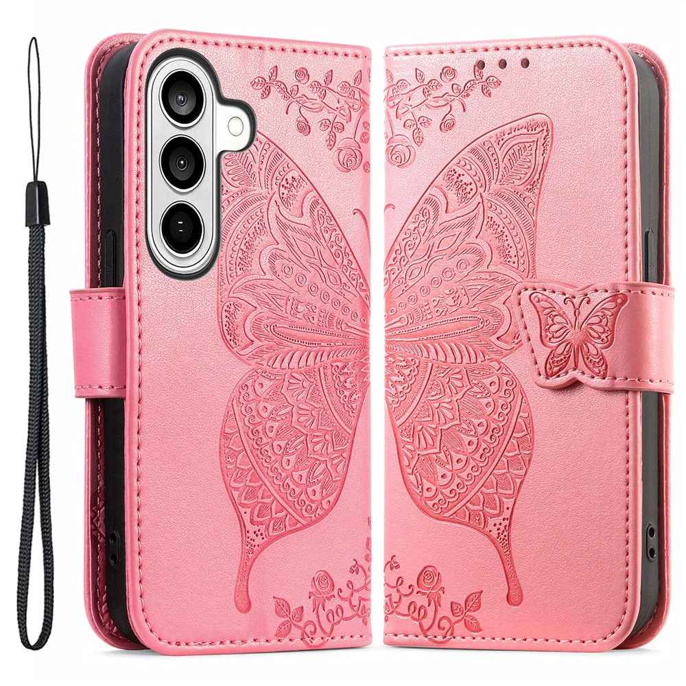 For Samsung Galaxy A57 5G Case with Strap Butterfly Pattern PU Leather Wallet Phone Cover - Pink
