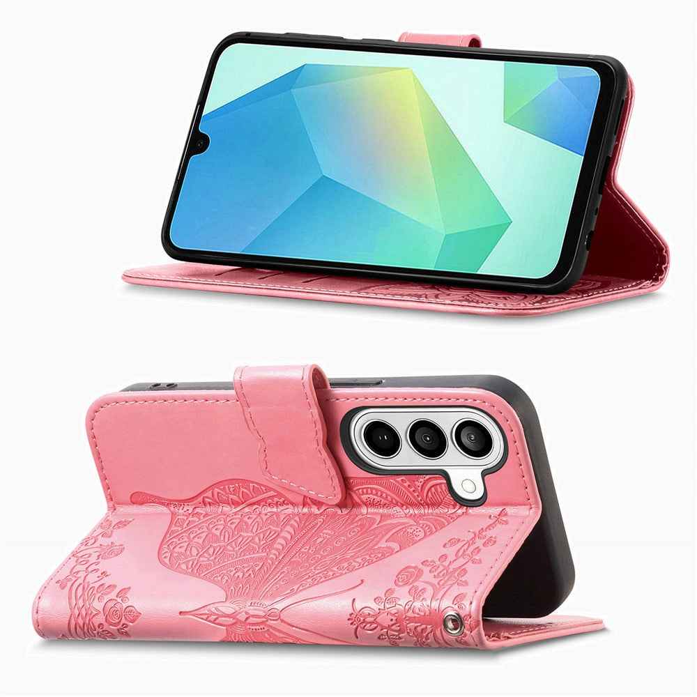 For Samsung Galaxy A57 5G Case with Strap Butterfly Pattern PU Leather Wallet Phone Cover - Pink
