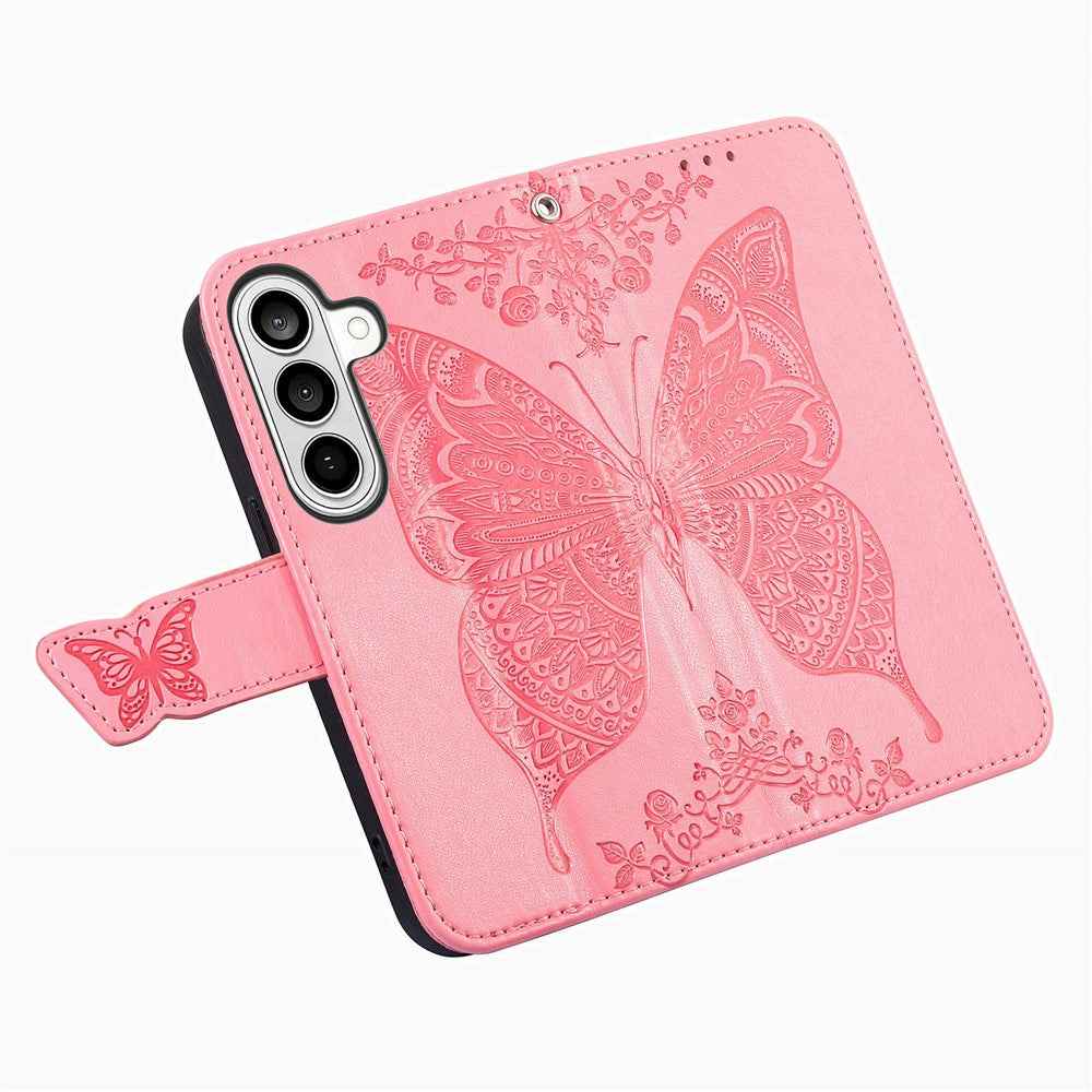 For Samsung Galaxy A57 5G Case with Strap Butterfly Pattern PU Leather Wallet Phone Cover - Pink