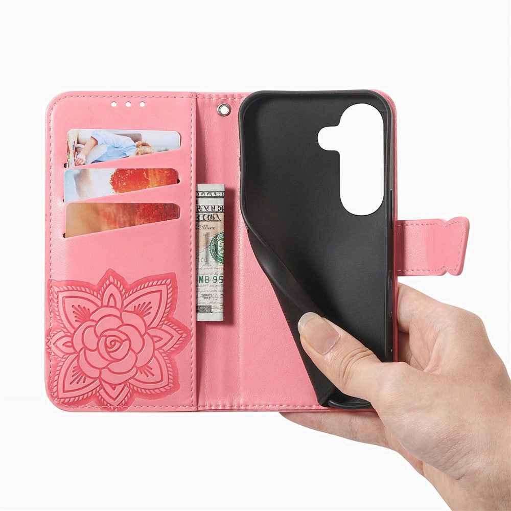 For Samsung Galaxy A57 5G Case with Strap Butterfly Pattern PU Leather Wallet Phone Cover - Pink