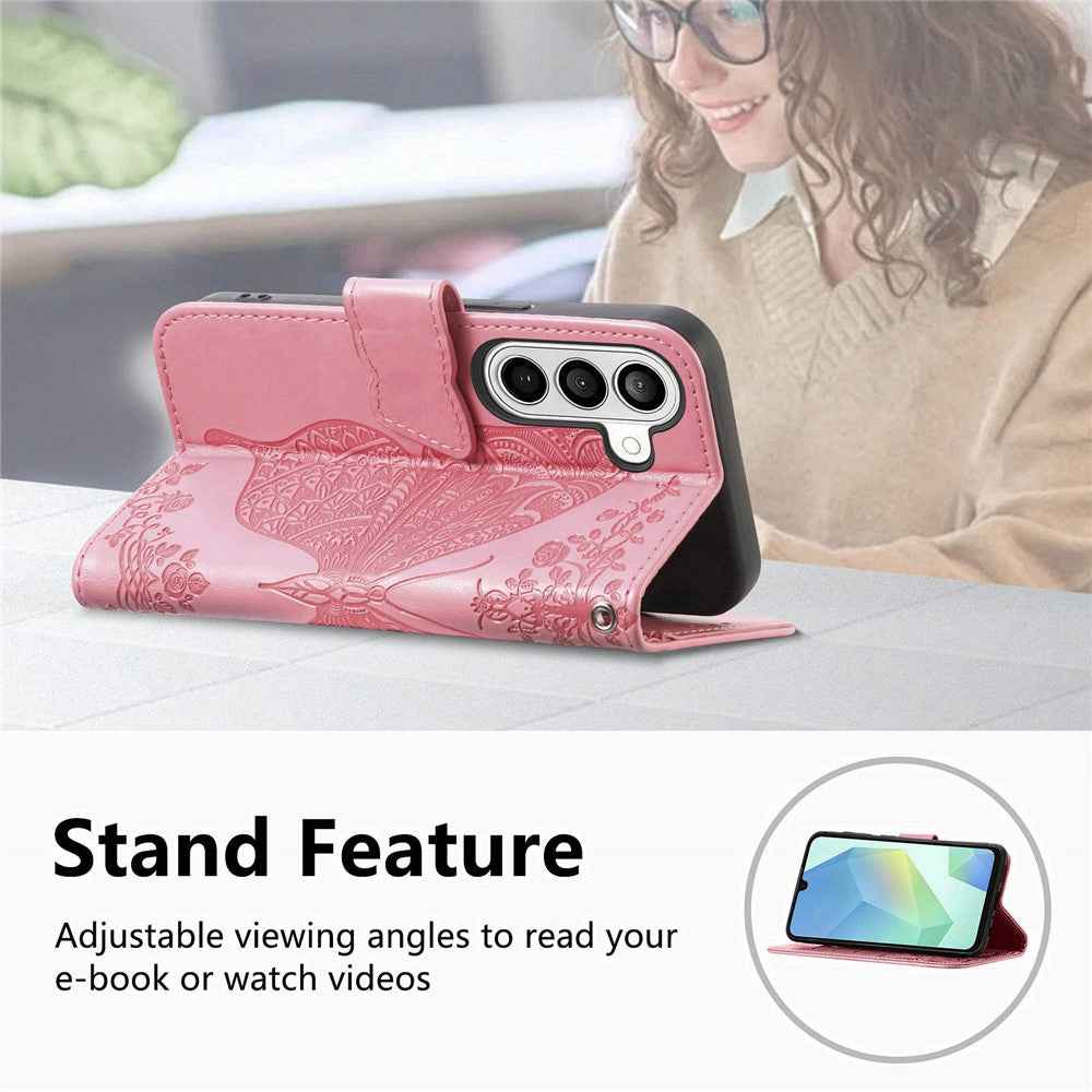 For Samsung Galaxy A57 5G Case with Strap Butterfly Pattern PU Leather Wallet Phone Cover - Pink