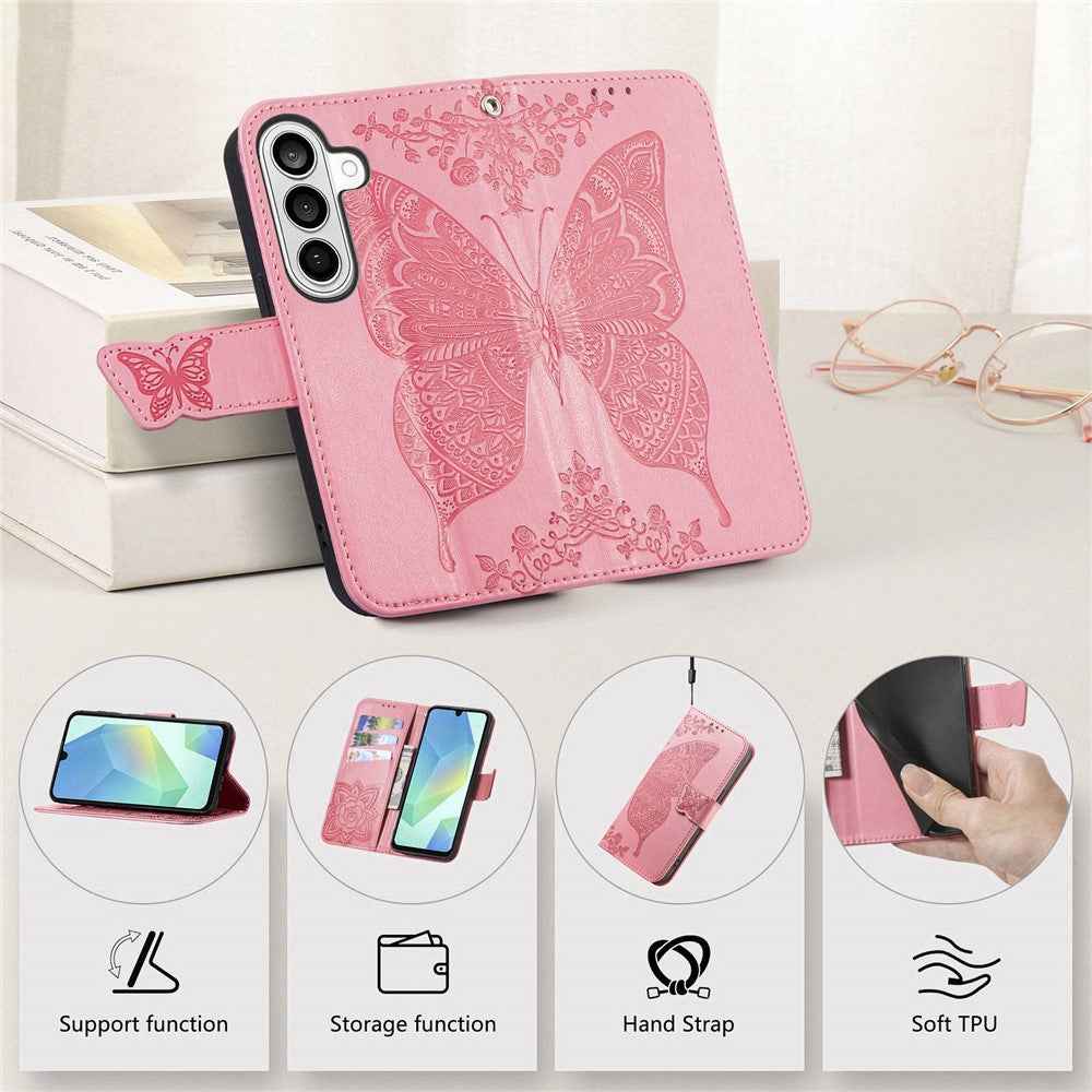 For Samsung Galaxy A57 5G Case with Strap Butterfly Pattern PU Leather Wallet Phone Cover - Pink