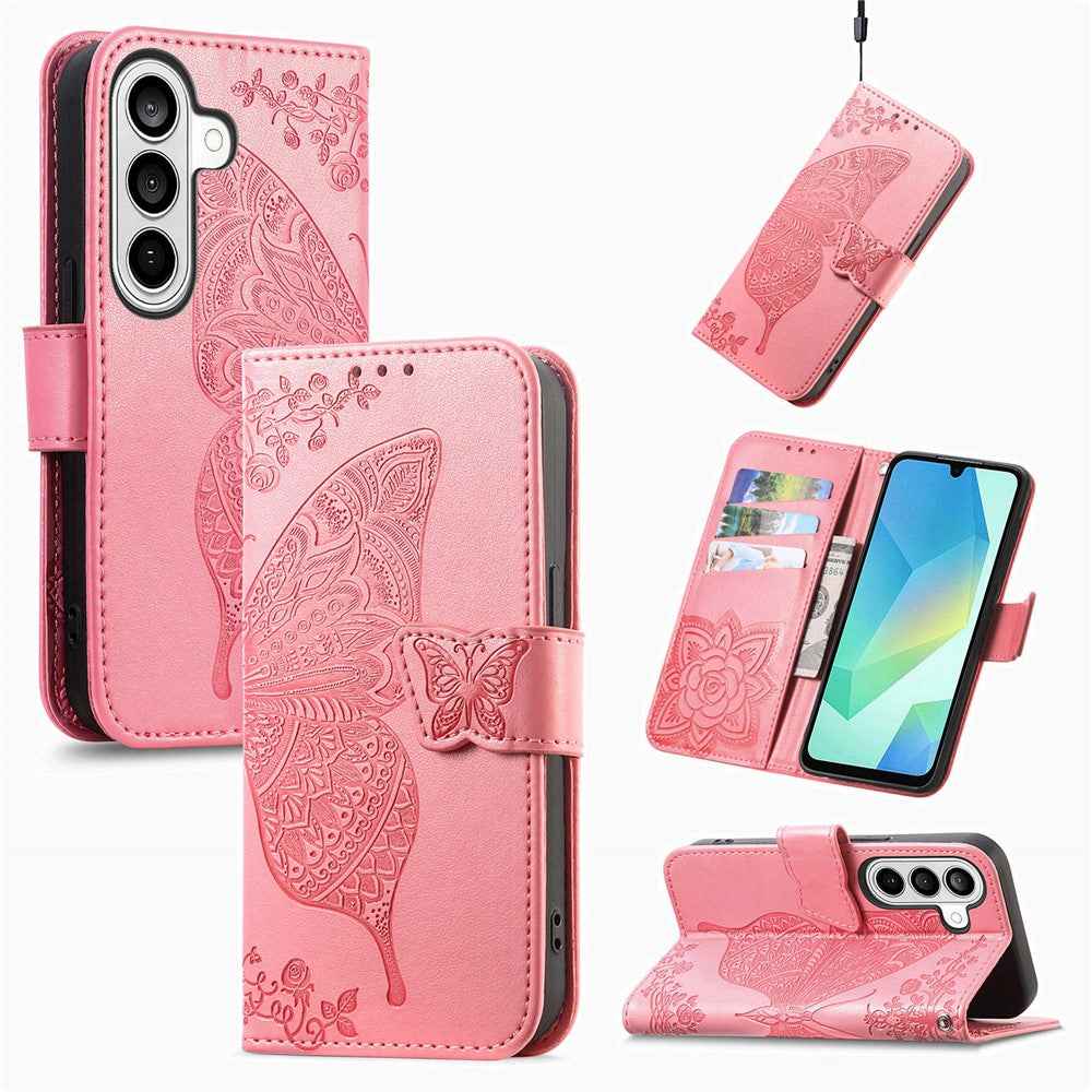 For Samsung Galaxy A57 5G Case with Strap Butterfly Pattern PU Leather Wallet Phone Cover - Pink