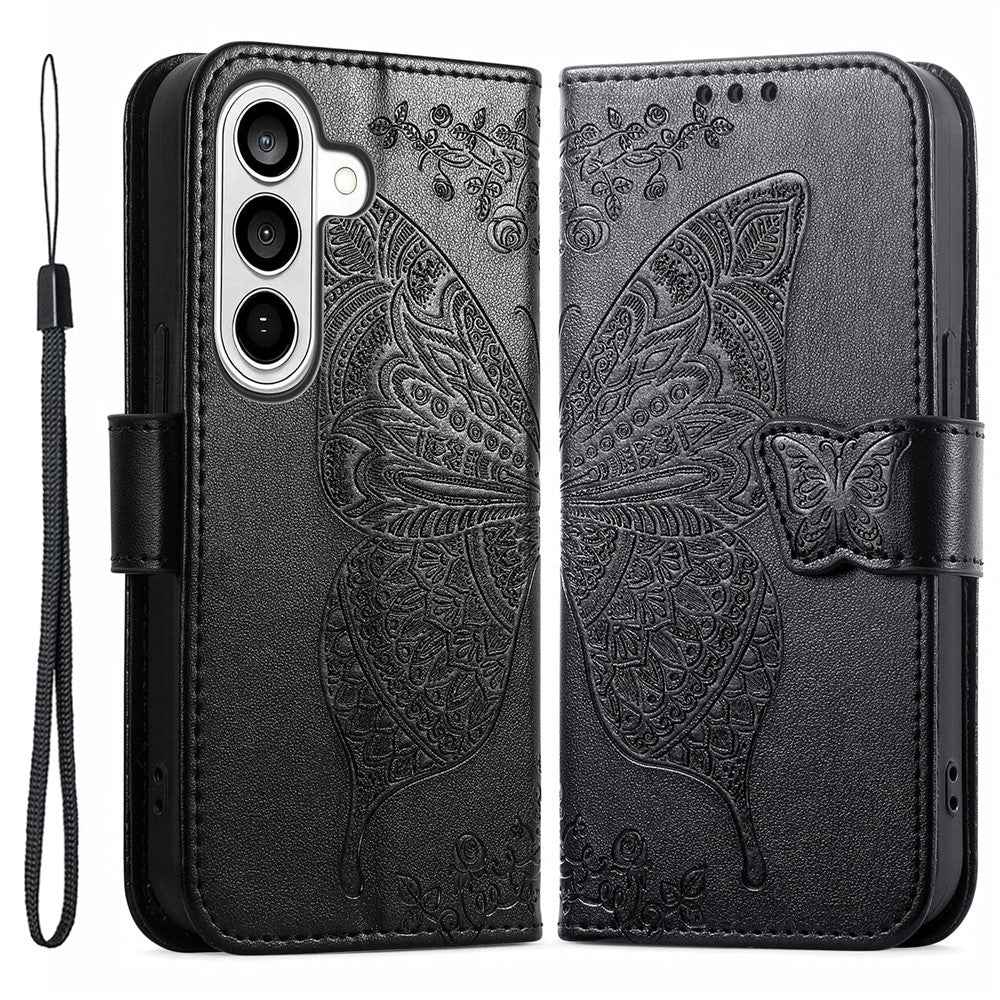 For Samsung Galaxy A57 5G Case with Strap Butterfly Pattern PU Leather Wallet Phone Cover - Black