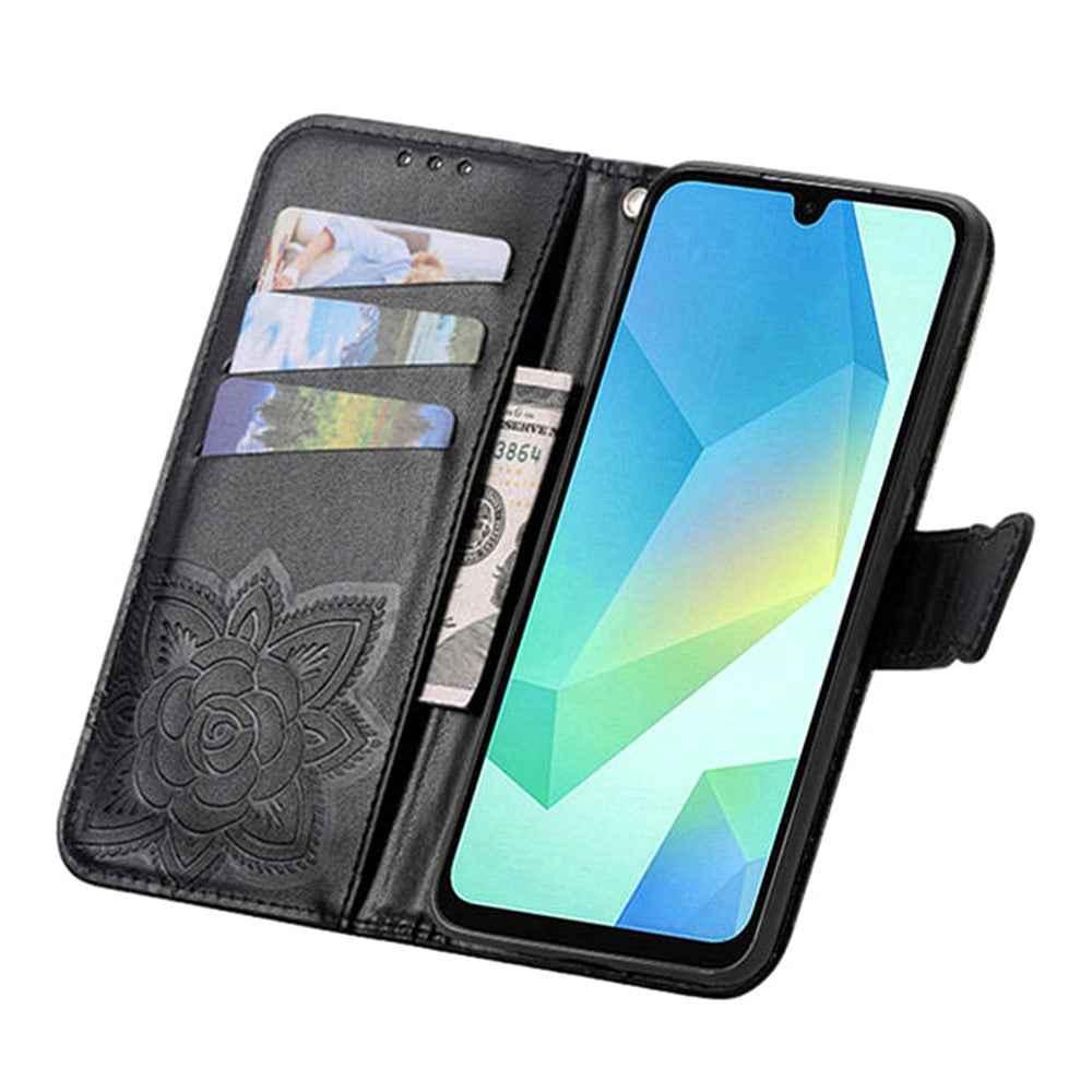 For Samsung Galaxy A57 5G Case with Strap Butterfly Pattern PU Leather Wallet Phone Cover - Black