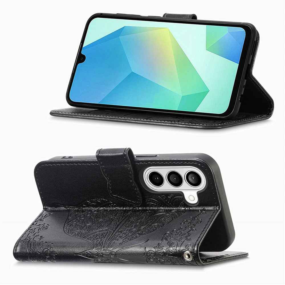 For Samsung Galaxy A57 5G Case with Strap Butterfly Pattern PU Leather Wallet Phone Cover - Black