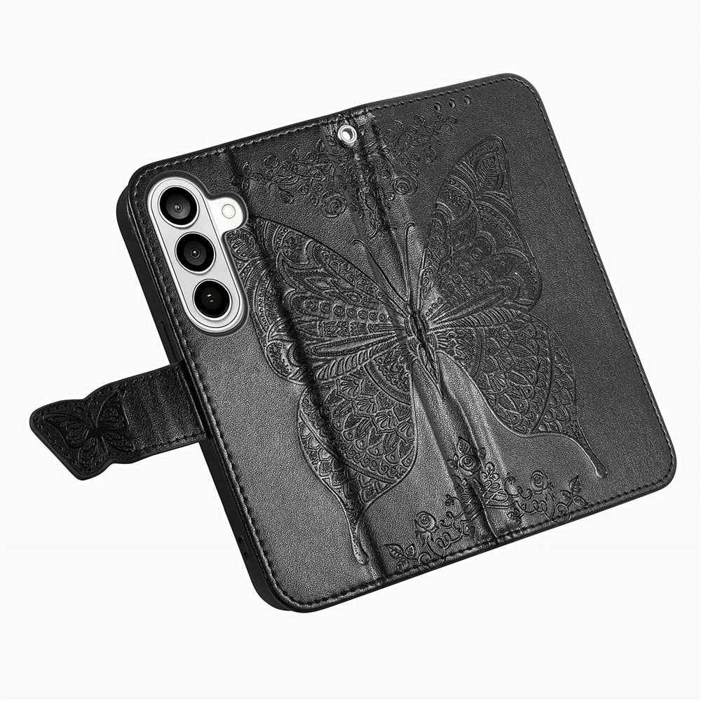For Samsung Galaxy A57 5G Case with Strap Butterfly Pattern PU Leather Wallet Phone Cover - Black
