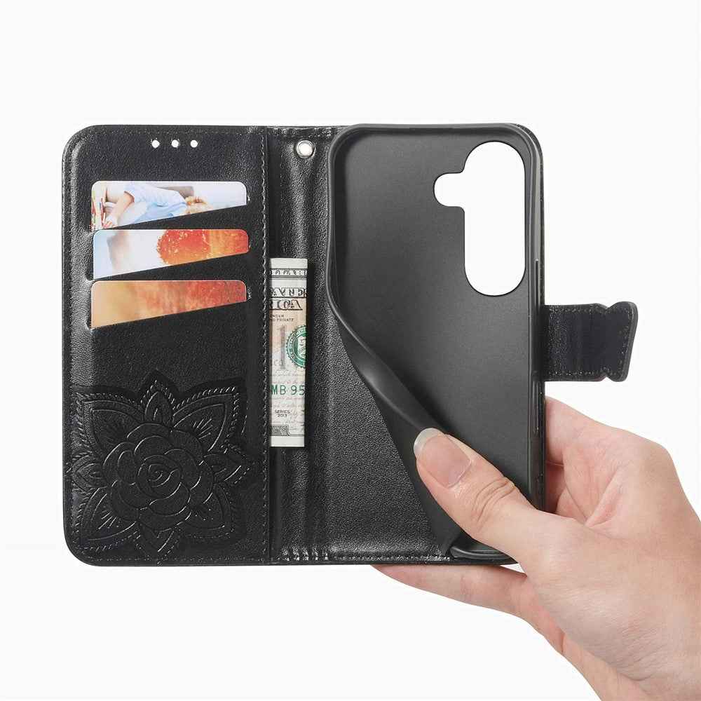 For Samsung Galaxy A57 5G Case with Strap Butterfly Pattern PU Leather Wallet Phone Cover - Black