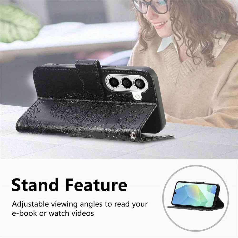 For Samsung Galaxy A57 5G Case with Strap Butterfly Pattern PU Leather Wallet Phone Cover - Black