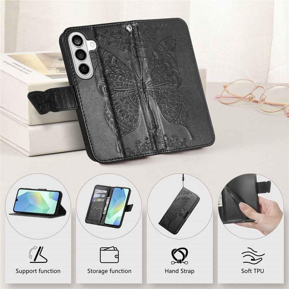 For Samsung Galaxy A57 5G Case with Strap Butterfly Pattern PU Leather Wallet Phone Cover - Black