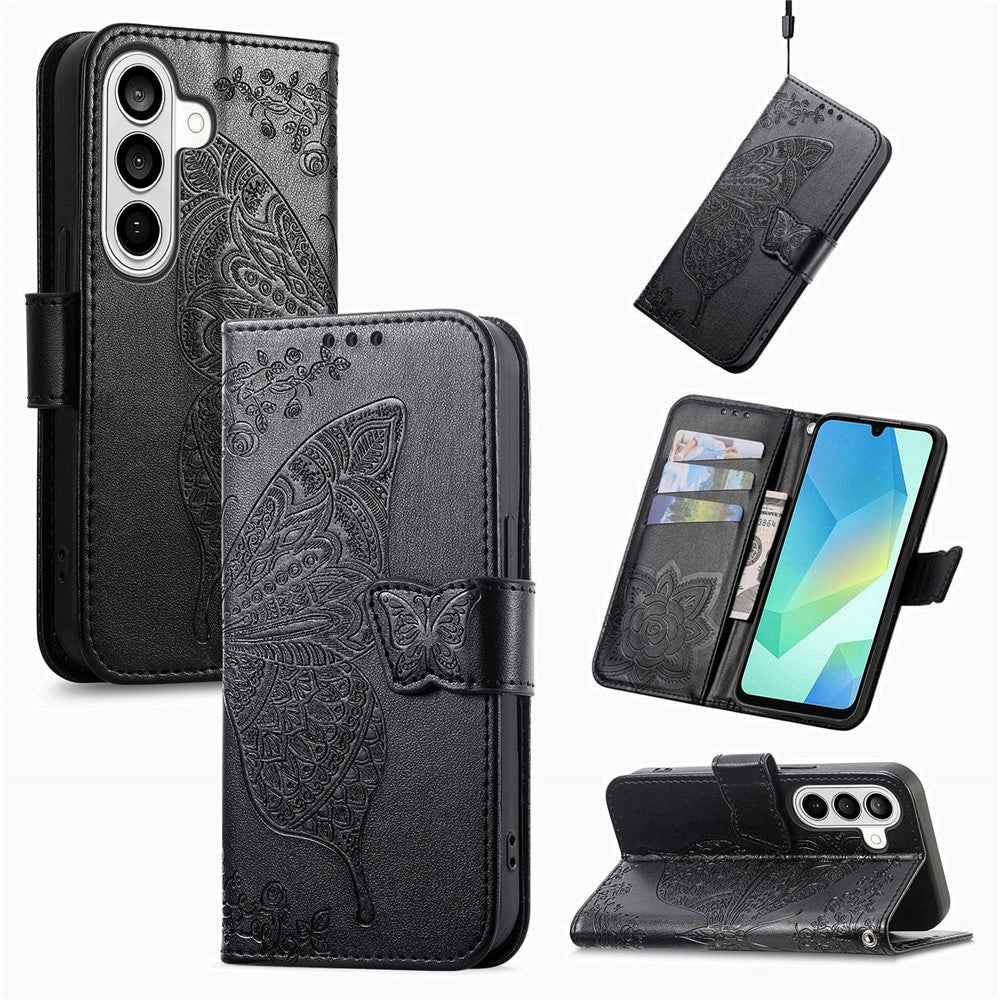 For Samsung Galaxy A57 5G Case with Strap Butterfly Pattern PU Leather Wallet Phone Cover - Black