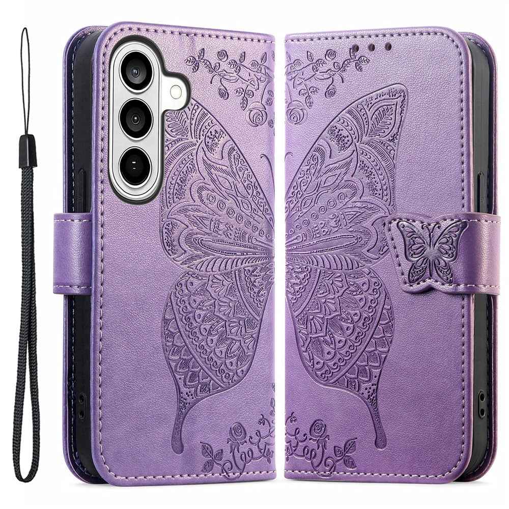 For Samsung Galaxy A57 5G Case with Strap Butterfly Pattern PU Leather Wallet Phone Cover - Light Purple