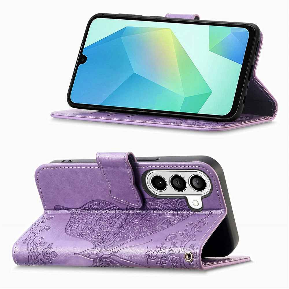 For Samsung Galaxy A57 5G Case with Strap Butterfly Pattern PU Leather Wallet Phone Cover - Light Purple
