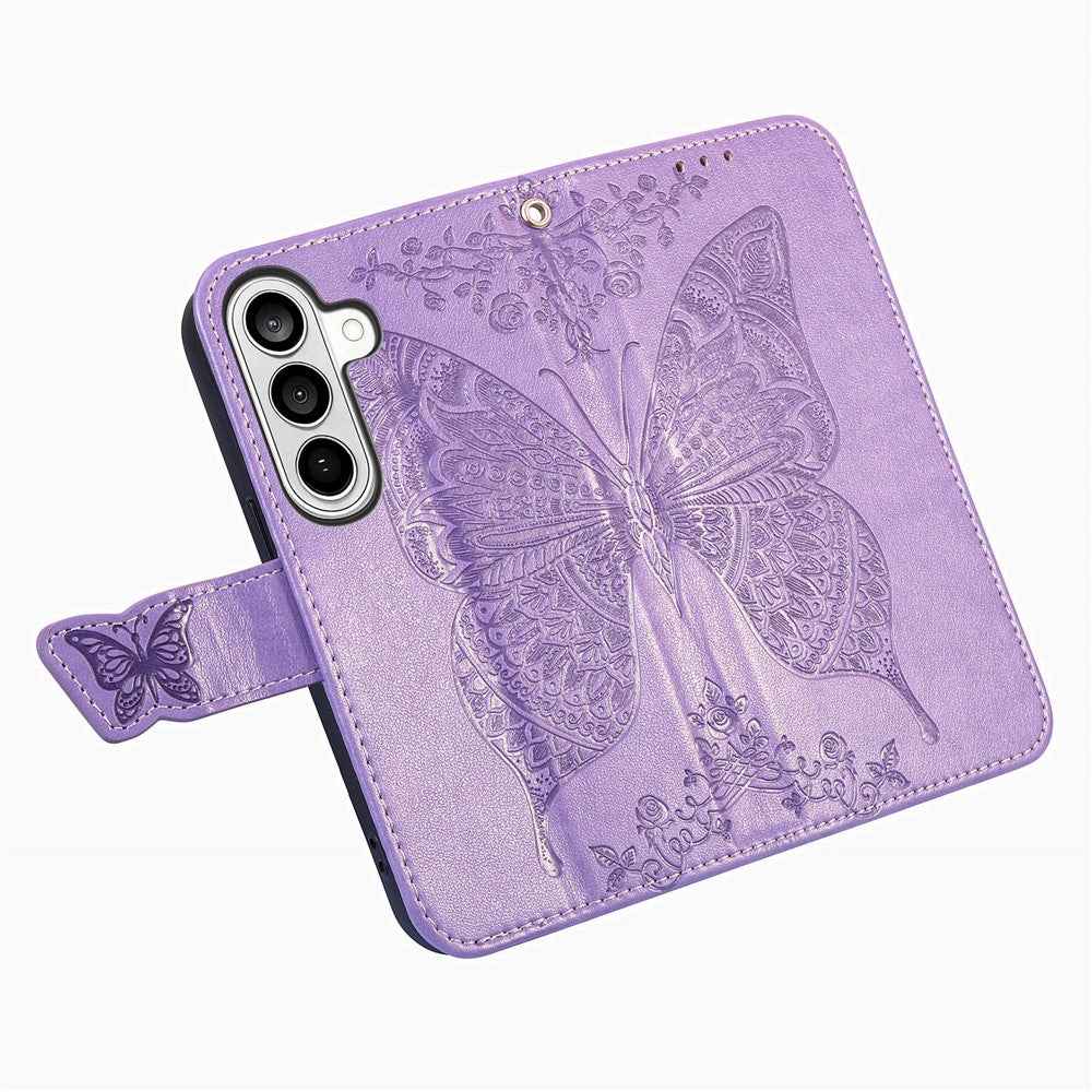 For Samsung Galaxy A57 5G Case with Strap Butterfly Pattern PU Leather Wallet Phone Cover - Light Purple