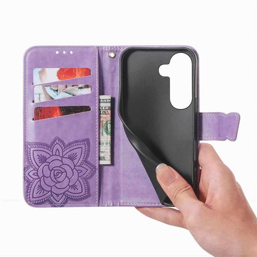 For Samsung Galaxy A57 5G Case with Strap Butterfly Pattern PU Leather Wallet Phone Cover - Light Purple