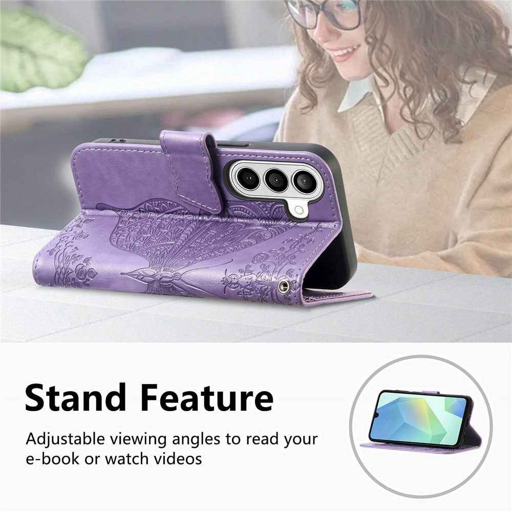 For Samsung Galaxy A57 5G Case with Strap Butterfly Pattern PU Leather Wallet Phone Cover - Light Purple