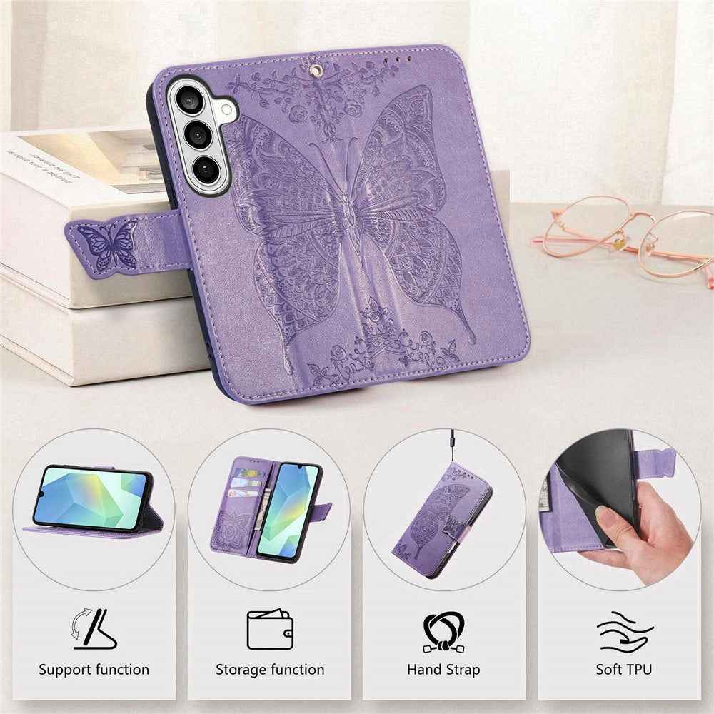 For Samsung Galaxy A57 5G Case with Strap Butterfly Pattern PU Leather Wallet Phone Cover - Light Purple