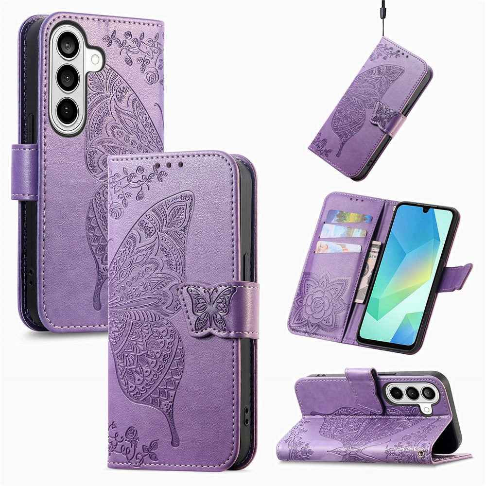 For Samsung Galaxy A57 5G Case with Strap Butterfly Pattern PU Leather Wallet Phone Cover - Light Purple