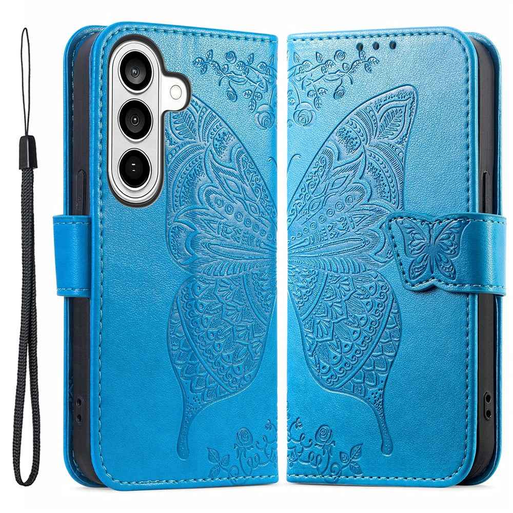 For Samsung Galaxy A57 5G Case with Strap Butterfly Pattern PU Leather Wallet Phone Cover - Blue