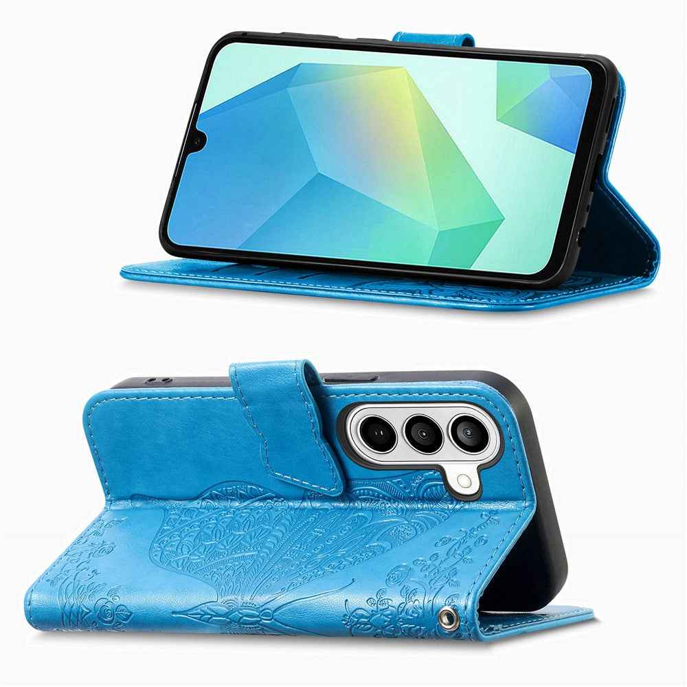 For Samsung Galaxy A57 5G Case with Strap Butterfly Pattern PU Leather Wallet Phone Cover - Blue