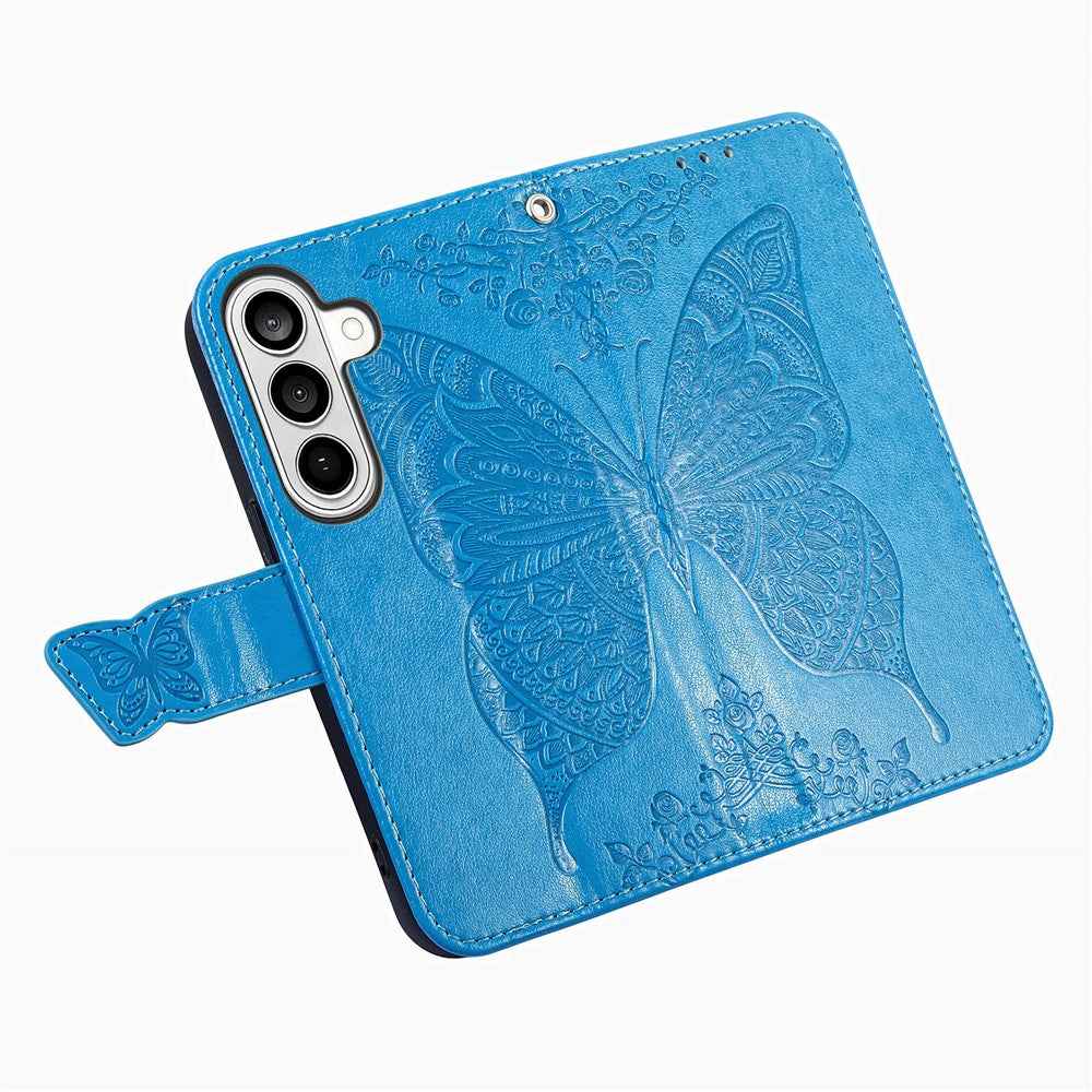 For Samsung Galaxy A57 5G Case with Strap Butterfly Pattern PU Leather Wallet Phone Cover - Blue