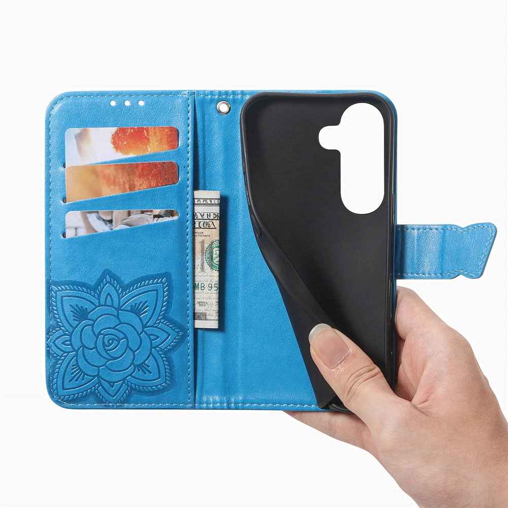 For Samsung Galaxy A57 5G Case with Strap Butterfly Pattern PU Leather Wallet Phone Cover - Blue