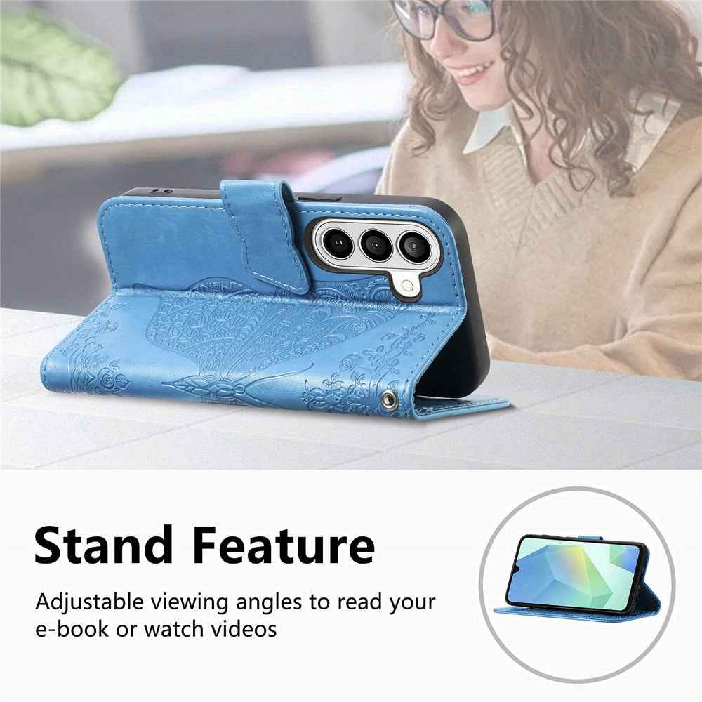 For Samsung Galaxy A57 5G Case with Strap Butterfly Pattern PU Leather Wallet Phone Cover - Blue