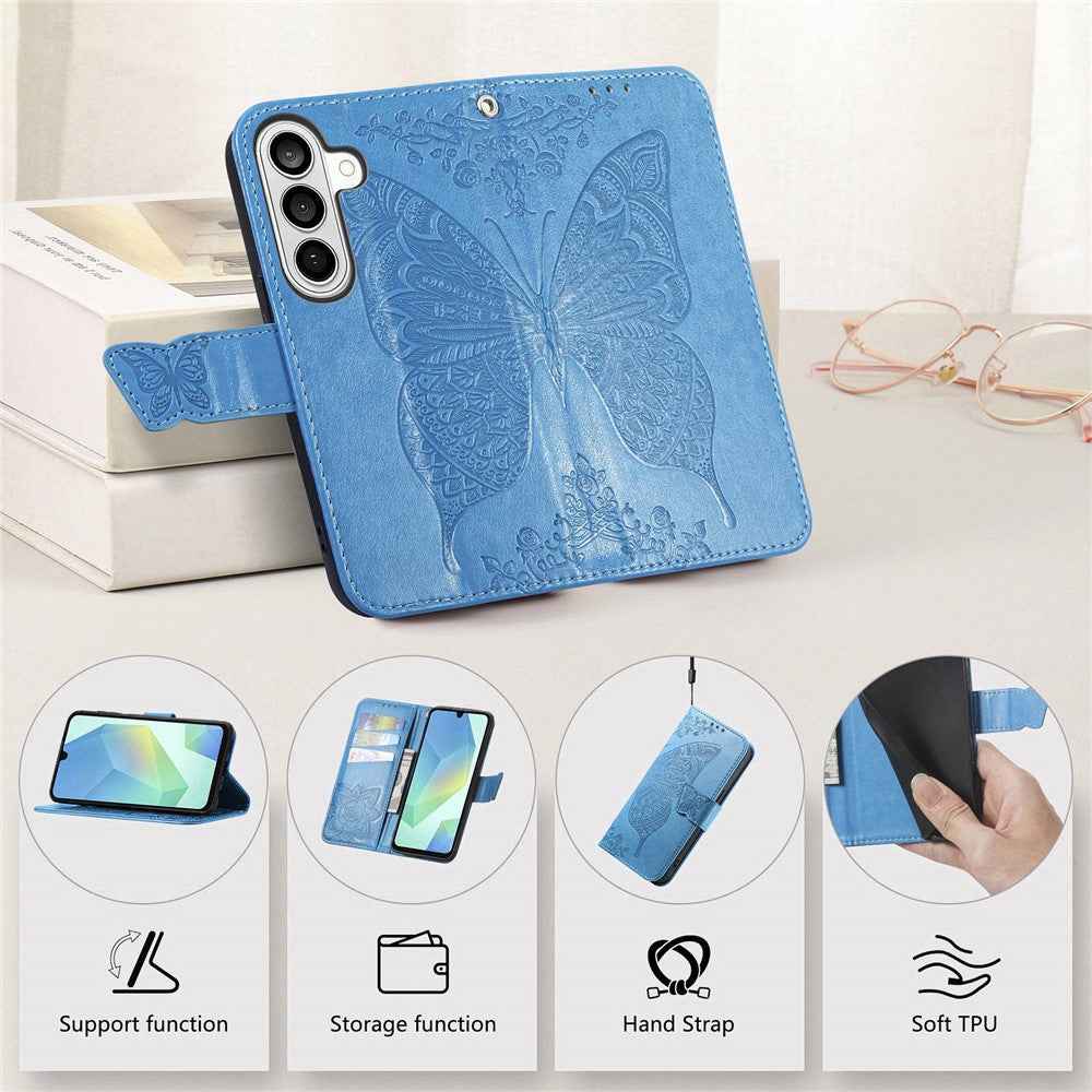 For Samsung Galaxy A57 5G Case with Strap Butterfly Pattern PU Leather Wallet Phone Cover - Blue
