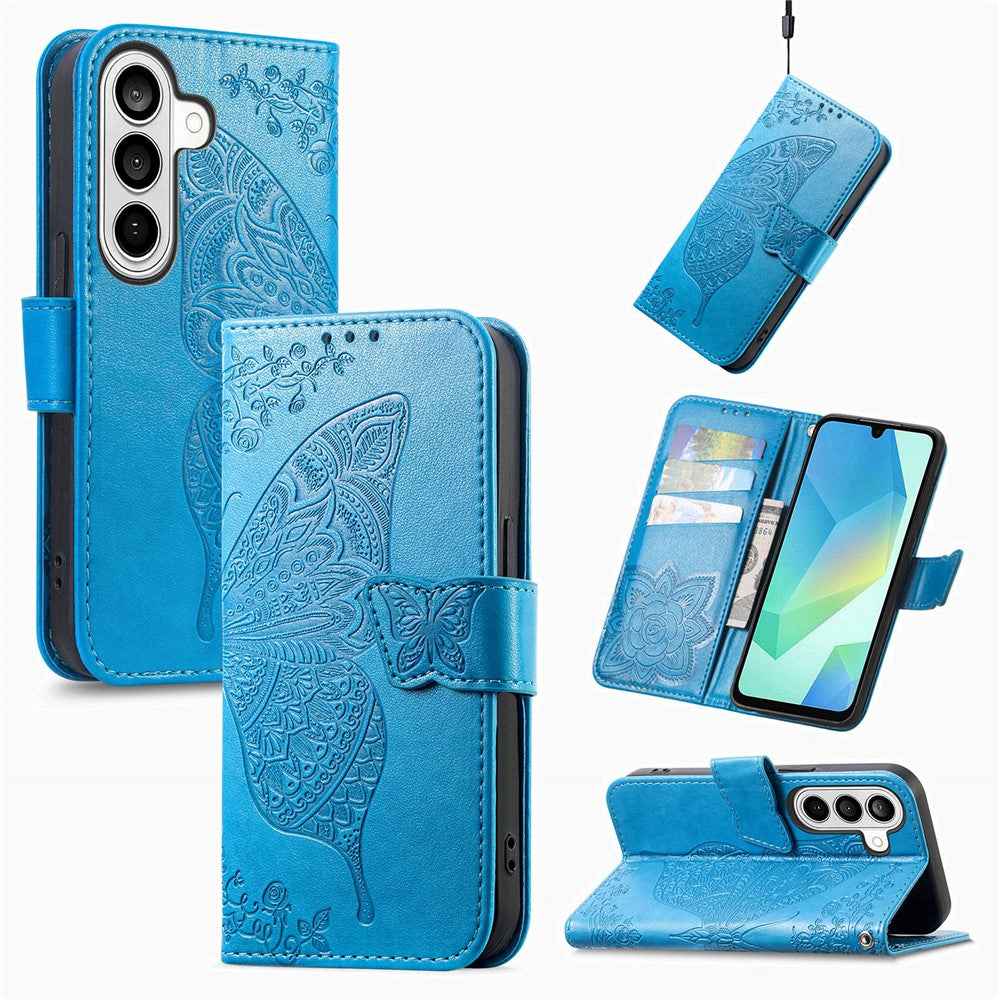 For Samsung Galaxy A57 5G Case with Strap Butterfly Pattern PU Leather Wallet Phone Cover - Blue