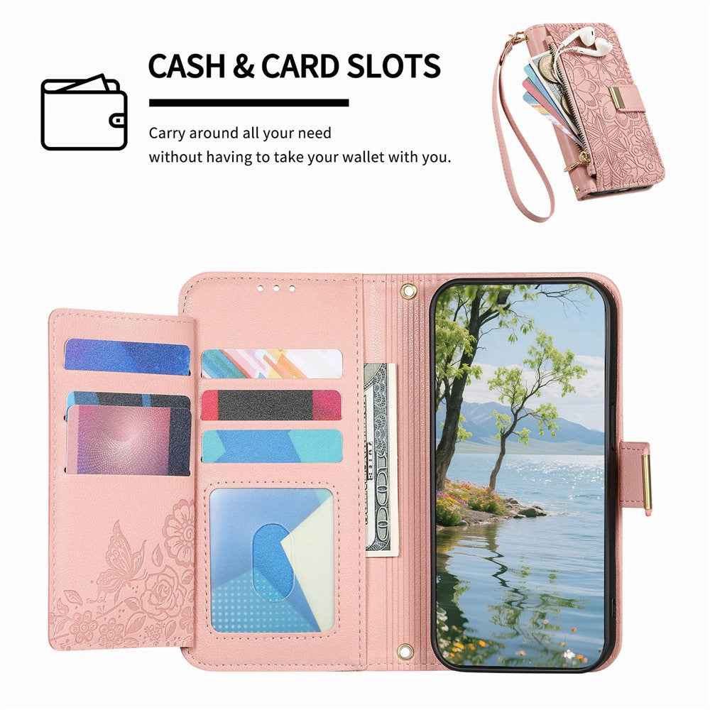 For Samsung Galaxy A57 5G Case Floral Leaf Pattern Multi Card Slots Zipper Leather Phone Cover with Wrist Strap - Pink