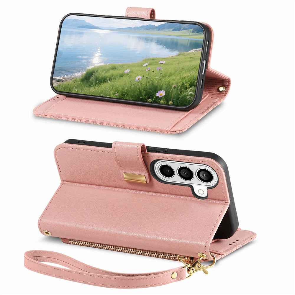 For Samsung Galaxy A57 5G Case Floral Leaf Pattern Multi Card Slots Zipper Leather Phone Cover with Wrist Strap - Pink