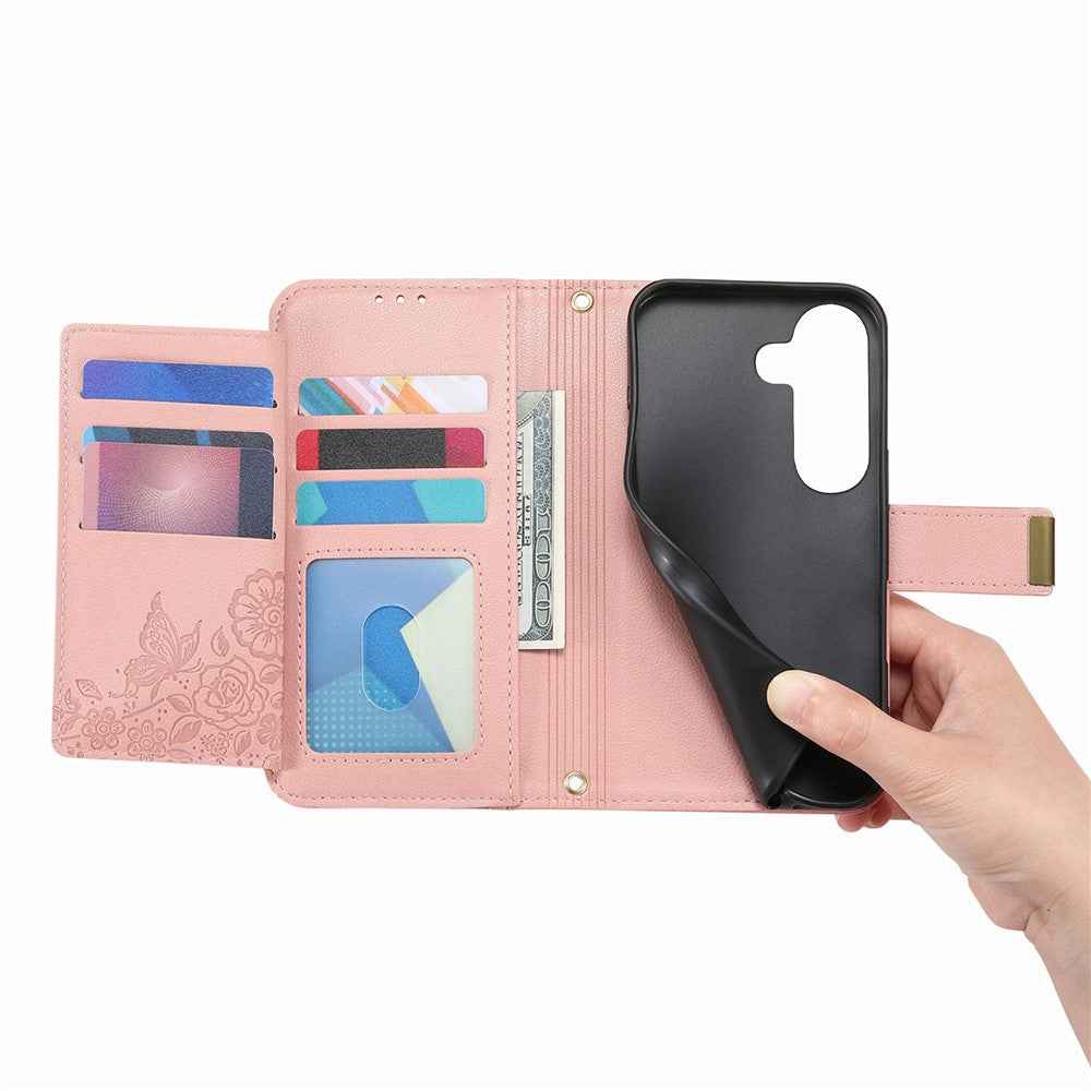 For Samsung Galaxy A57 5G Case Floral Leaf Pattern Multi Card Slots Zipper Leather Phone Cover with Wrist Strap - Pink