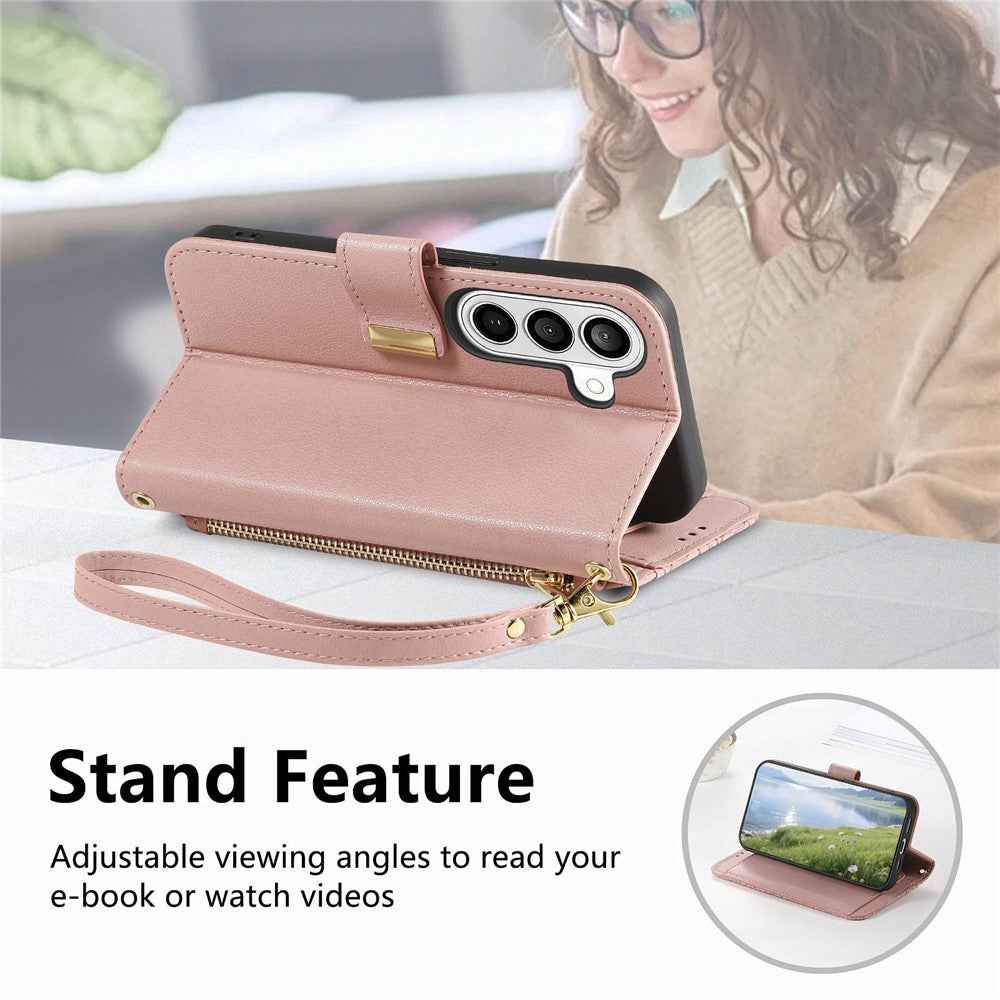 For Samsung Galaxy A57 5G Case Floral Leaf Pattern Multi Card Slots Zipper Leather Phone Cover with Wrist Strap - Pink