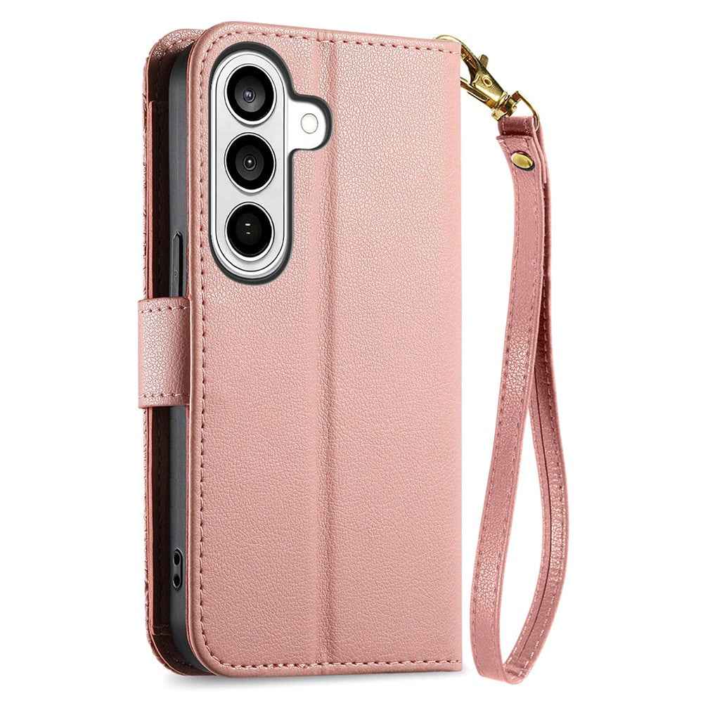 For Samsung Galaxy A57 5G Case Floral Leaf Pattern Multi Card Slots Zipper Leather Phone Cover with Wrist Strap - Pink