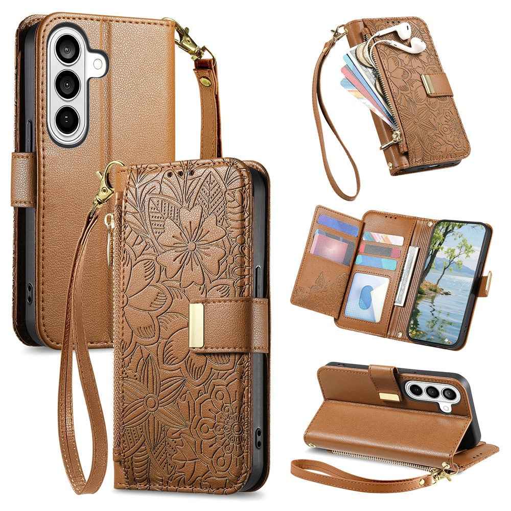 For Samsung Galaxy A57 5G Case Floral Leaf Pattern Multi Card Slots Zipper Leather Phone Cover with Wrist Strap - Brown
