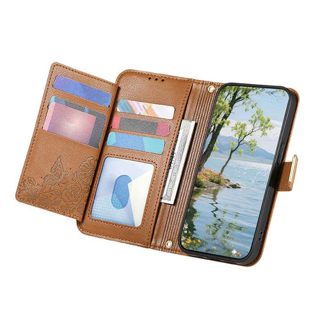 For Samsung Galaxy A57 5G Case Floral Leaf Pattern Multi Card Slots Zipper Leather Phone Cover with Wrist Strap - Brown