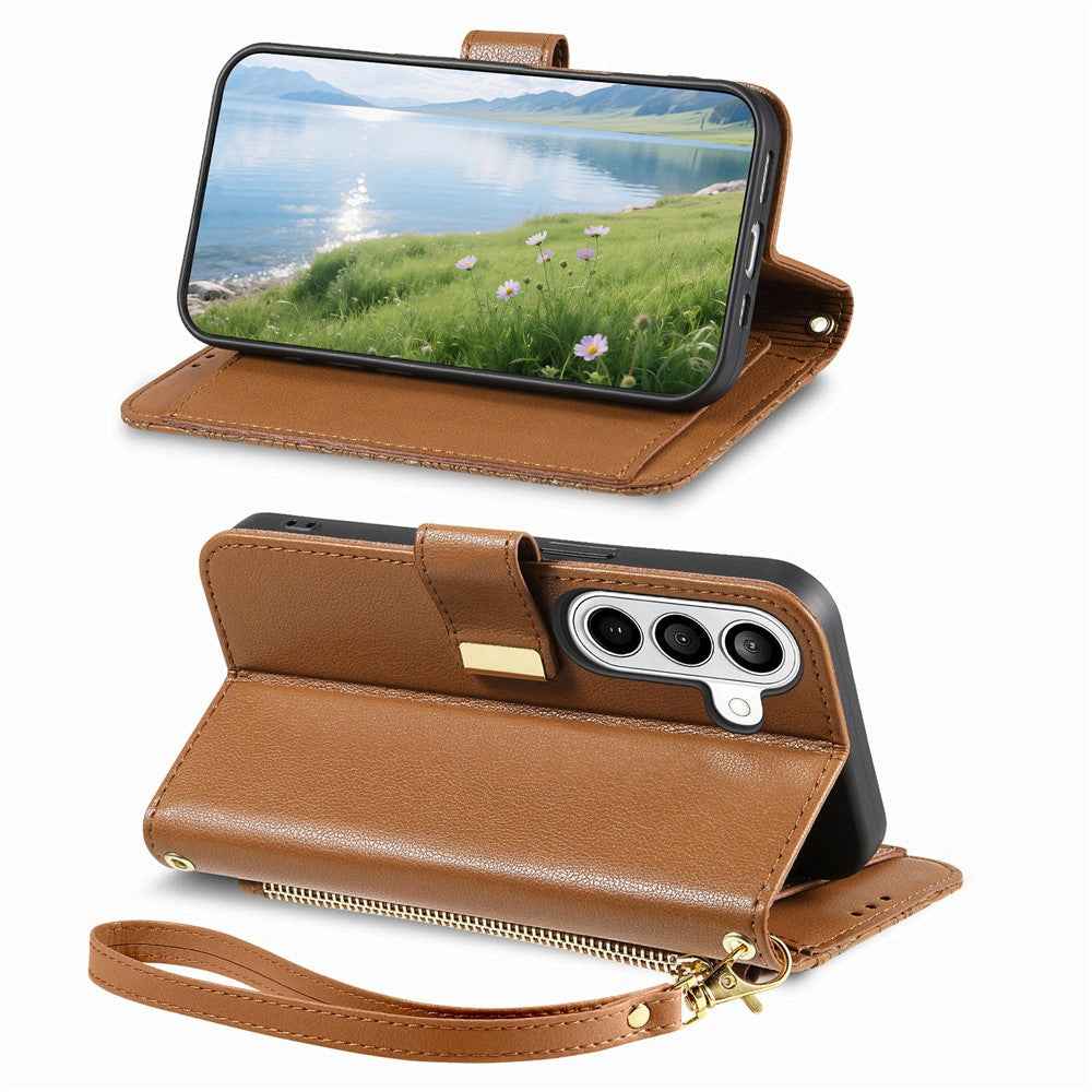 For Samsung Galaxy A57 5G Case Floral Leaf Pattern Multi Card Slots Zipper Leather Phone Cover with Wrist Strap - Brown