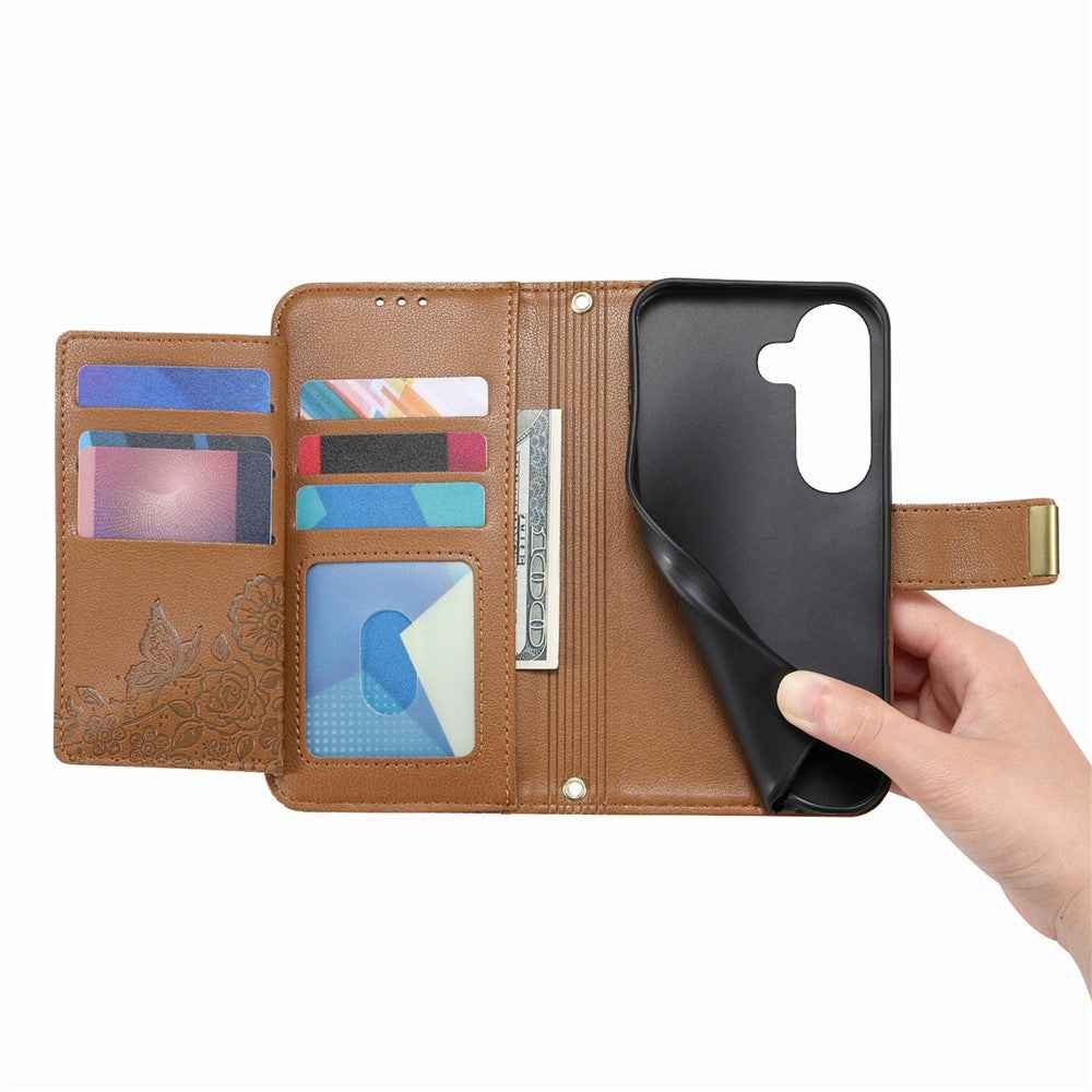 For Samsung Galaxy A57 5G Case Floral Leaf Pattern Multi Card Slots Zipper Leather Phone Cover with Wrist Strap - Brown
