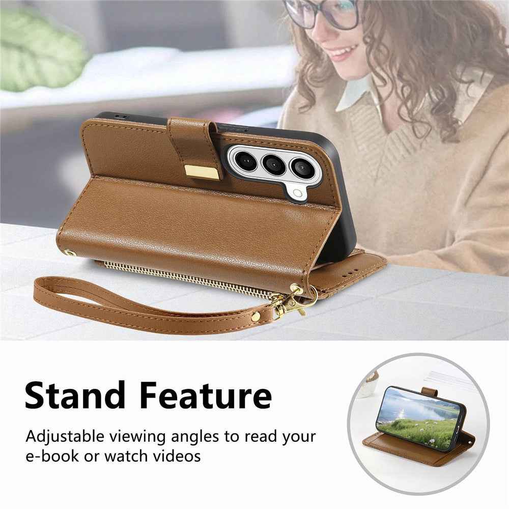 For Samsung Galaxy A57 5G Case Floral Leaf Pattern Multi Card Slots Zipper Leather Phone Cover with Wrist Strap - Brown
