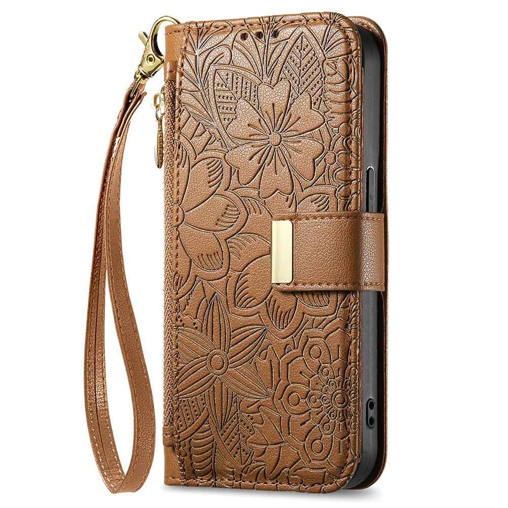 For Samsung Galaxy A57 5G Case Floral Leaf Pattern Multi Card Slots Zipper Leather Phone Cover with Wrist Strap - Brown