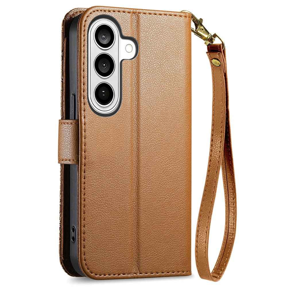 For Samsung Galaxy A57 5G Case Floral Leaf Pattern Multi Card Slots Zipper Leather Phone Cover with Wrist Strap - Brown