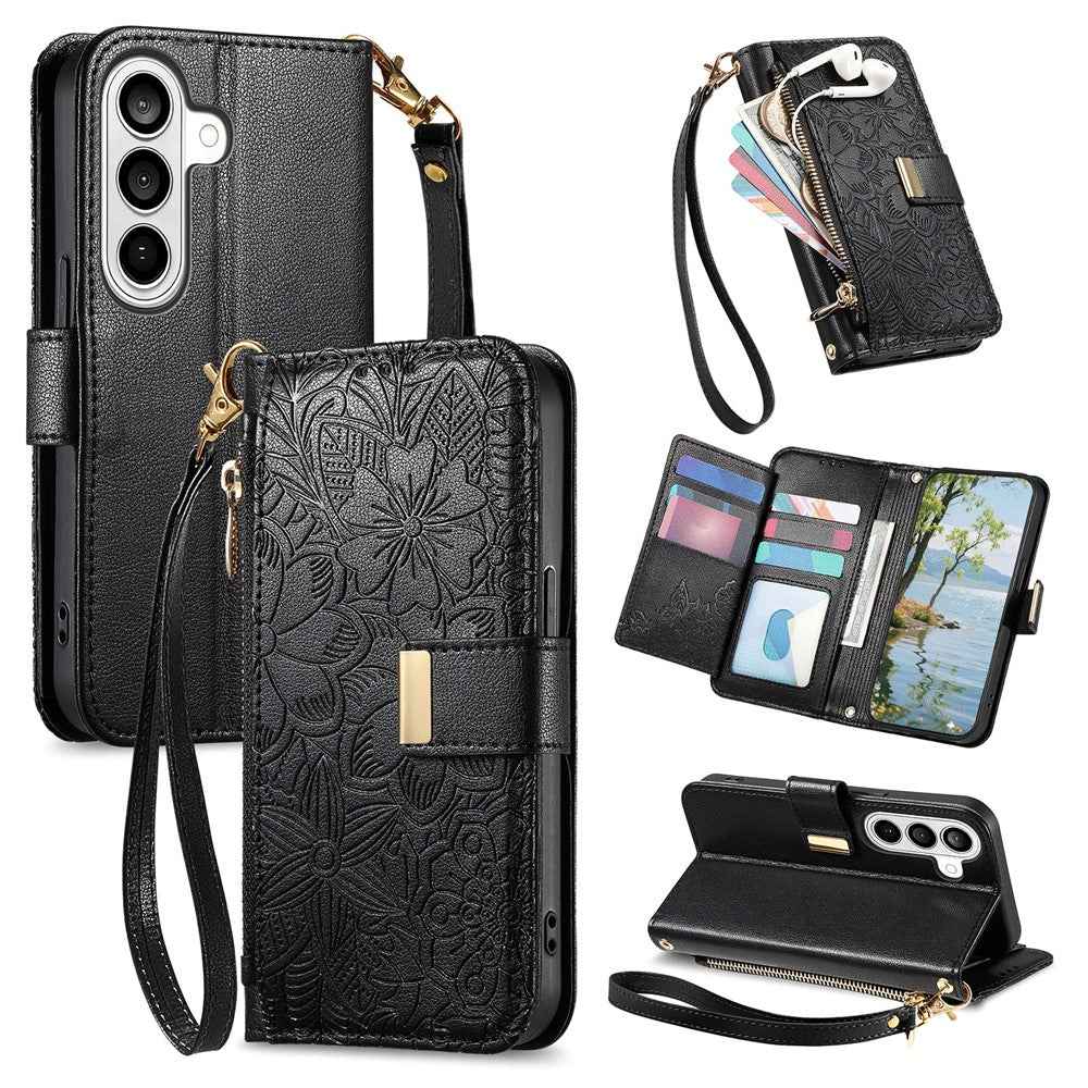 For Samsung Galaxy A57 5G Case Floral Leaf Pattern Multi Card Slots Zipper Leather Phone Cover with Wrist Strap - Black