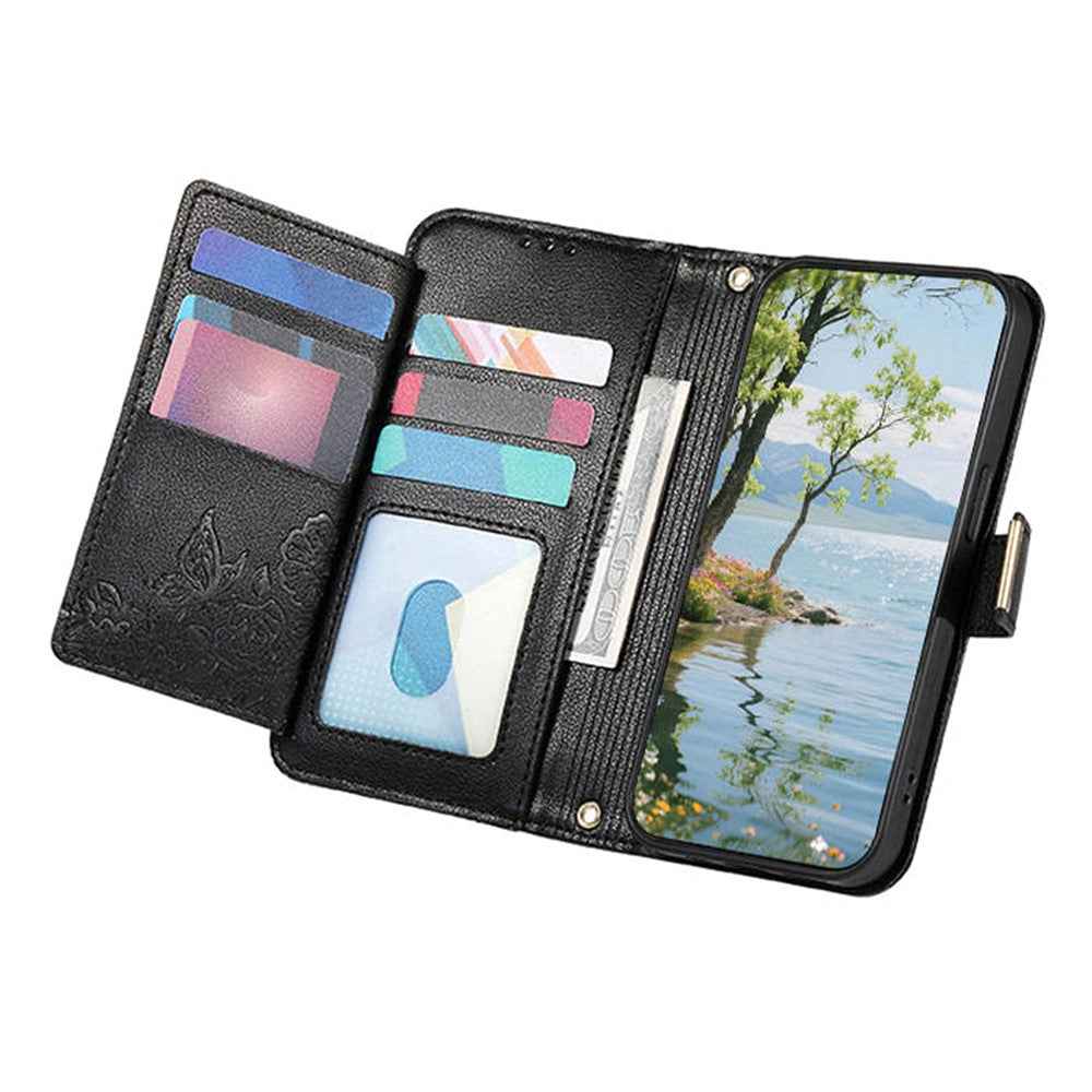 For Samsung Galaxy A57 5G Case Floral Leaf Pattern Multi Card Slots Zipper Leather Phone Cover with Wrist Strap - Black