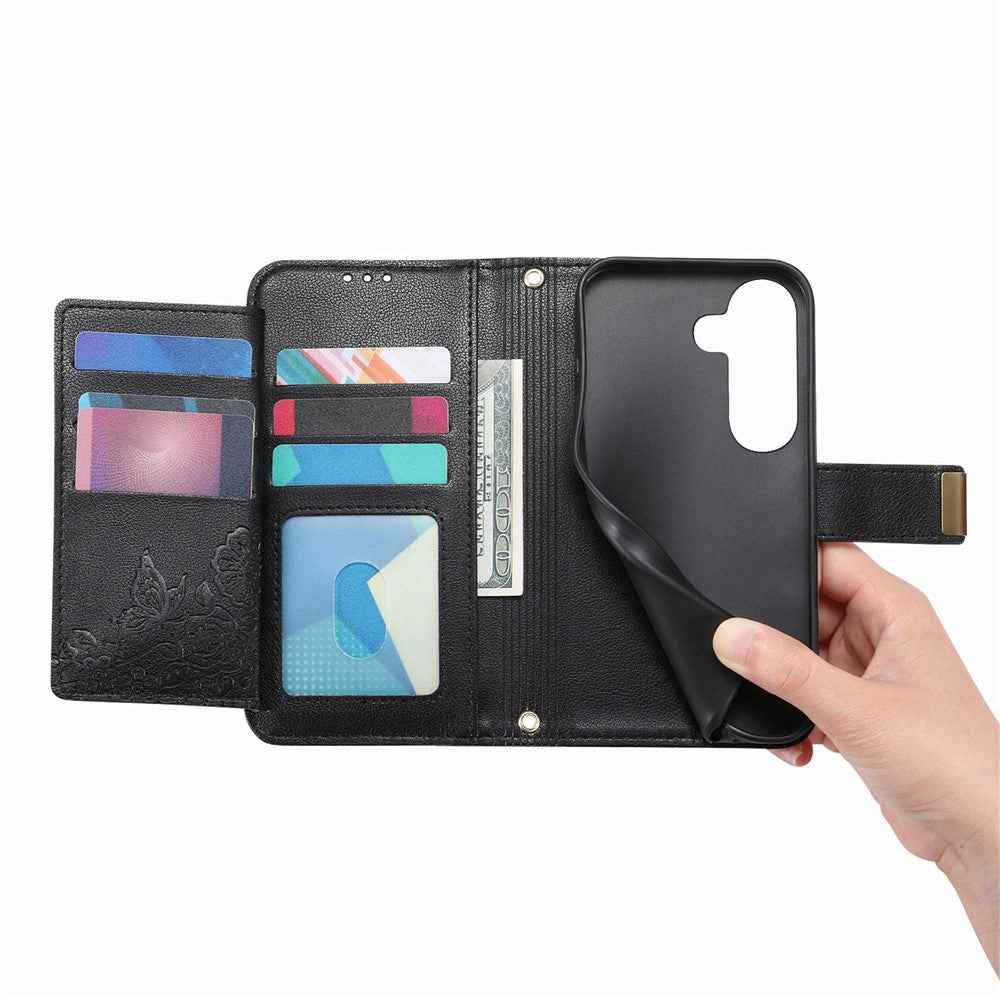 For Samsung Galaxy A57 5G Case Floral Leaf Pattern Multi Card Slots Zipper Leather Phone Cover with Wrist Strap - Black