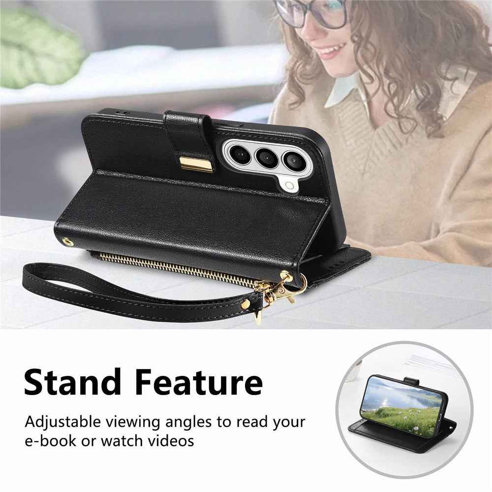 For Samsung Galaxy A57 5G Case Floral Leaf Pattern Multi Card Slots Zipper Leather Phone Cover with Wrist Strap - Black