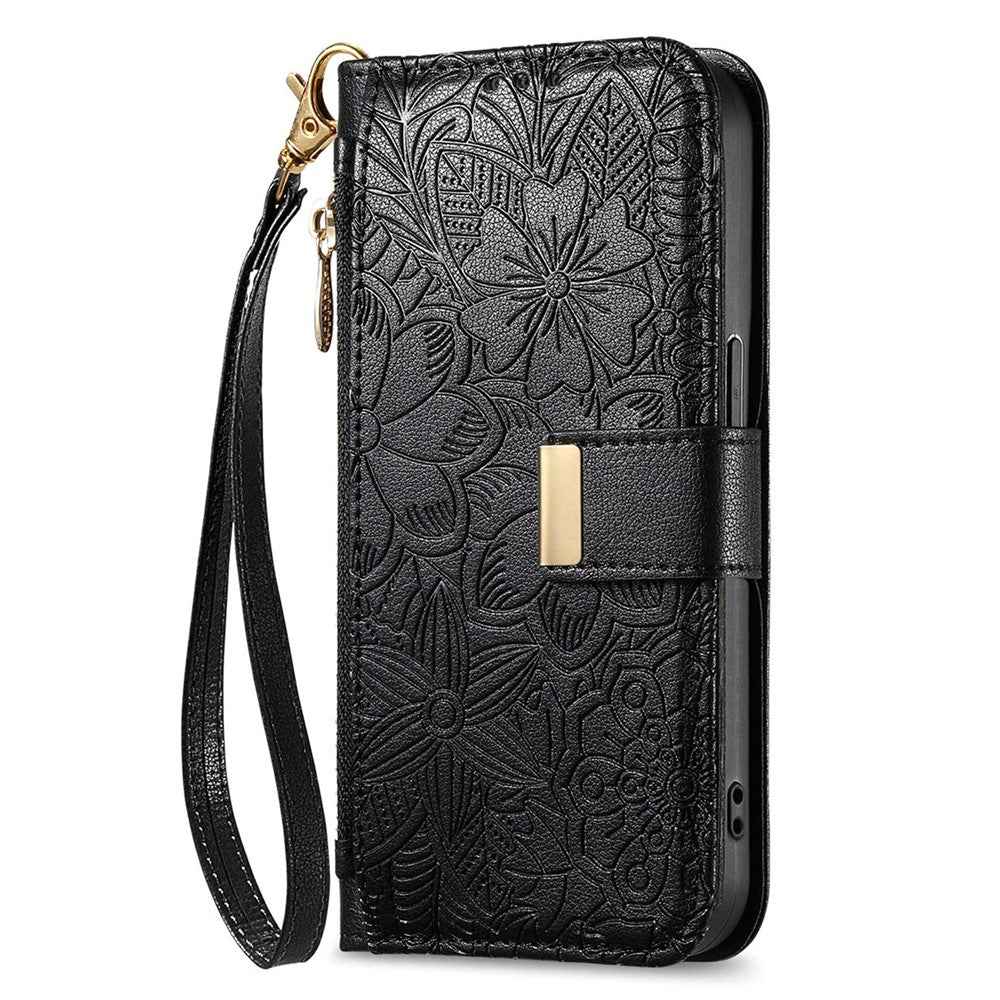 For Samsung Galaxy A57 5G Case Floral Leaf Pattern Multi Card Slots Zipper Leather Phone Cover with Wrist Strap - Black