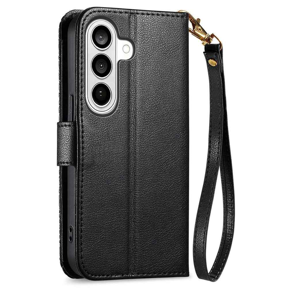 For Samsung Galaxy A57 5G Case Floral Leaf Pattern Multi Card Slots Zipper Leather Phone Cover with Wrist Strap - Black
